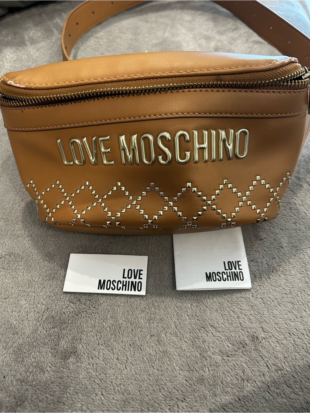 Love Moschino Tan PU Leather Crossbody Belt Bag with Gold Logo